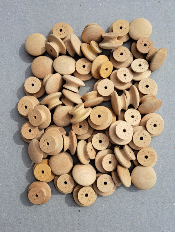 Wood knobs pulls for cabinet doors drawers lot 60 with screws 1 1/2” birch beech gallery