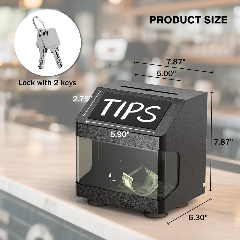 Metal Tip Box with Lock & Keys - Small Donation Box with Chalkboard Label, Black gallery