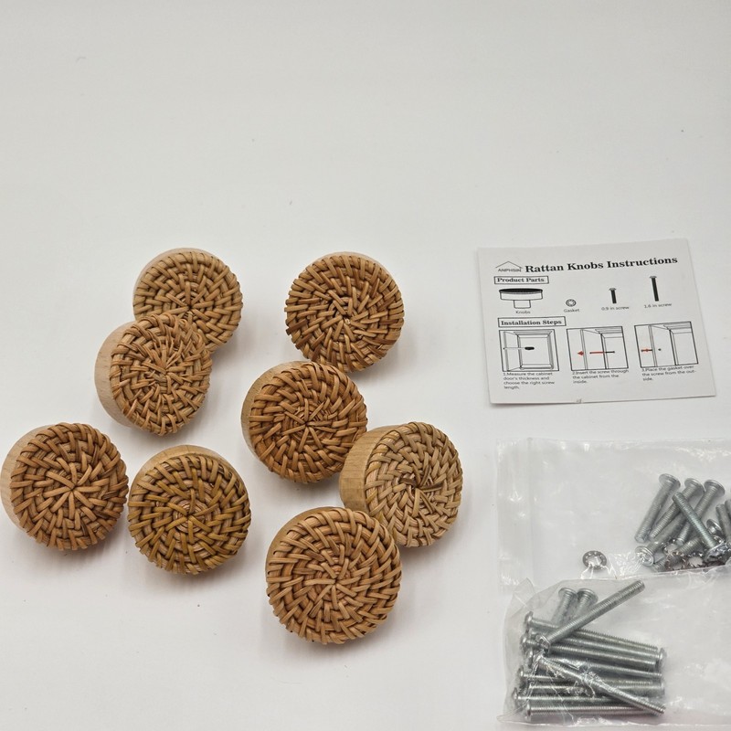 8 Rattan Cabinet Knobs Wicker Drawer Pulls Natural Wood Dresser Handles Boho gallery