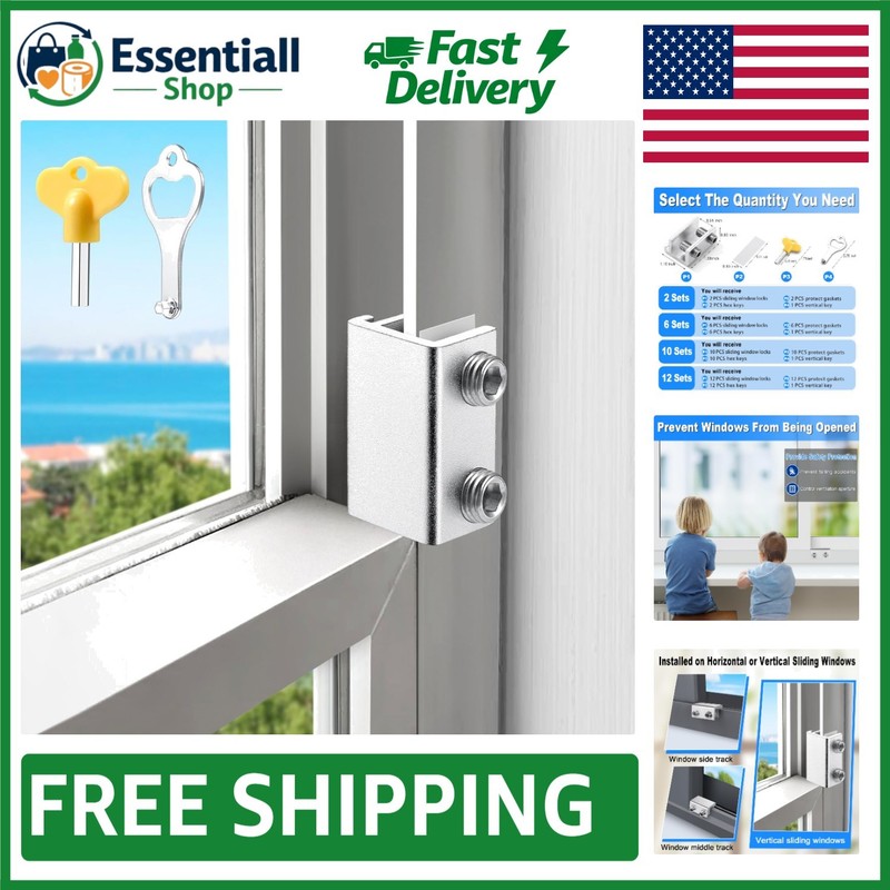 Silver Child Safety Window Locks – 2 Sets with Key for Vertical & Horizontal Use