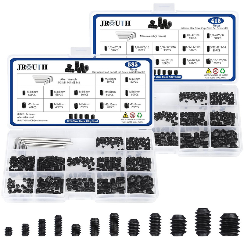 1000Pcs Metric + SAE Set Screw Assortment Kit, Internal Hex Drive Cup-Point Alle