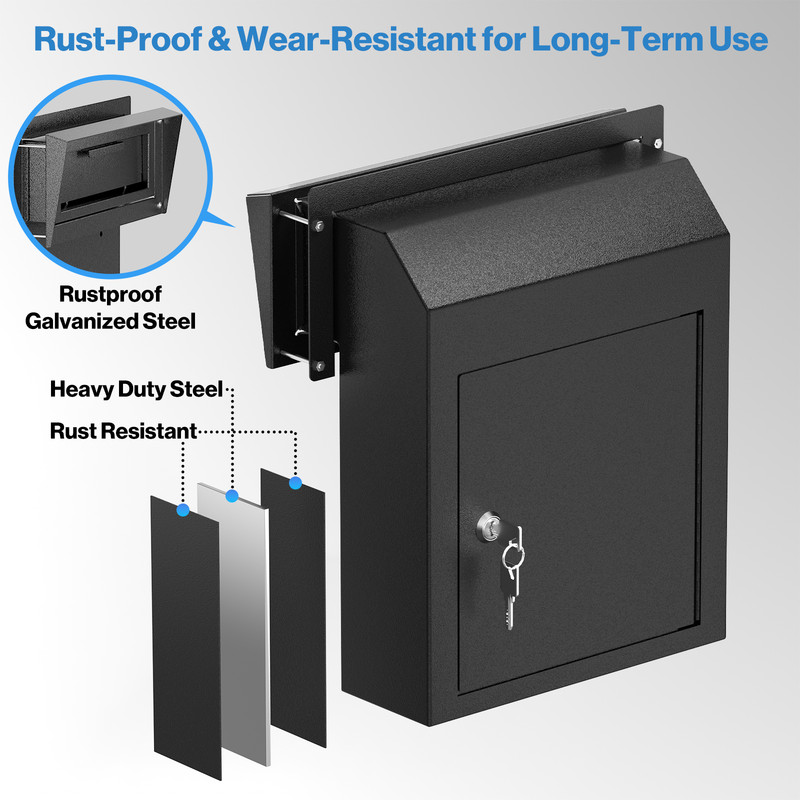 Through the Door Drop Box with Rainproof Cover Steel Weatherproof Mailbox, Black gallery