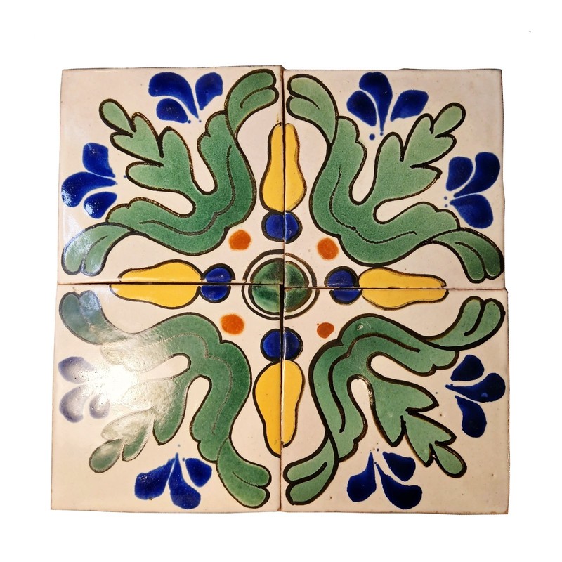 Set 4 Hand Painted Spanish Talavera Style Ceramic Tiles 11.25” Floral Medallion