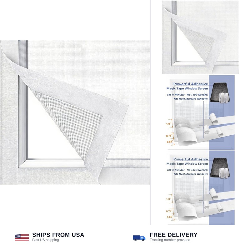 Window Screen with White Upgraded Hook and Loop Adhesive Edging Frame Free Cu…
