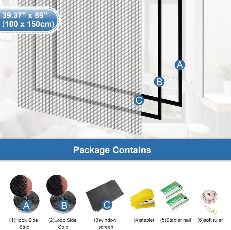 2 Set Window Screen Kit Adjustable DIY Max 39" x 59"/ 100 x 150 cm Window gallery