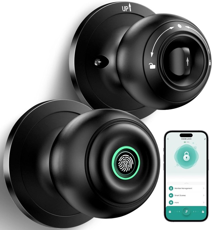 Fingerprint Door Lock 1 Piece Biometric Knob Keyless Thumbprint Matte Black