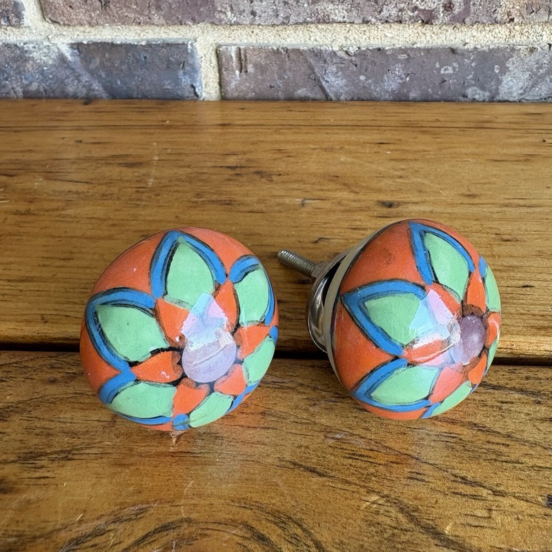 Hand painted Ceramic Drawer Pull Knobs Orange Green Blue Flower 1.5″ Set of 2