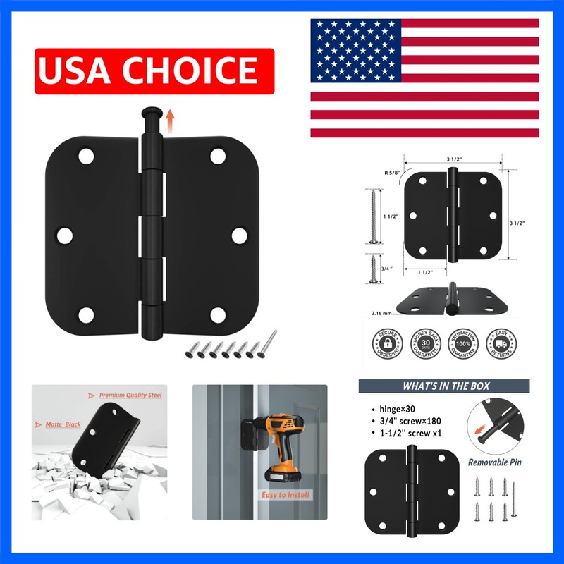 30 Pack Rounded Matte Black Door Hinges 3.5 x 3.5 inch with 5/8 Radius, Black…