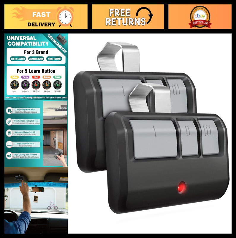 Universal Garage Door Opener Remote – 2 Pack with Visor Clip, Compatible with Li