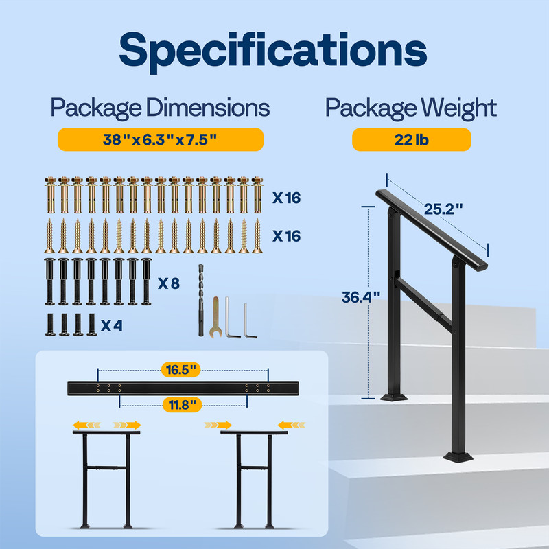 Outdoor Stair Handrail 2-6 Step Adjustable Railing Galvanized Steel Black 2 Pack