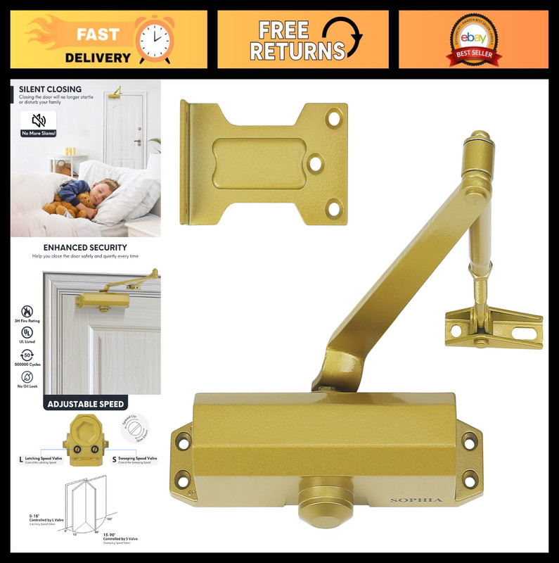 Automatic Door Closer for Home & Commercial Use, Fire-Rated Hydraulic, UL Listed