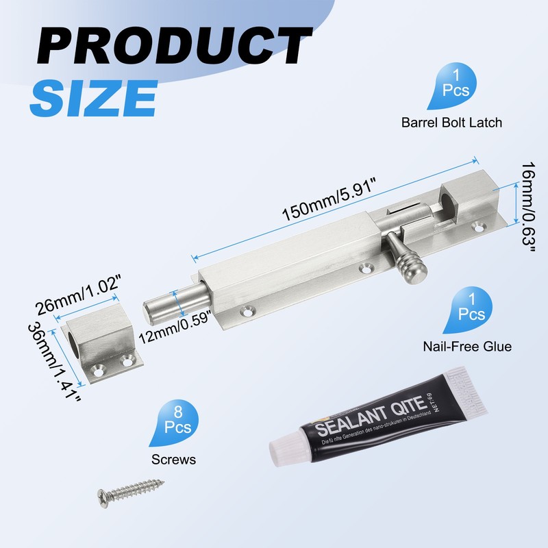 Barrel Bolt Latch 6" Door Security Slide Latch Locks Brushed Silver gallery