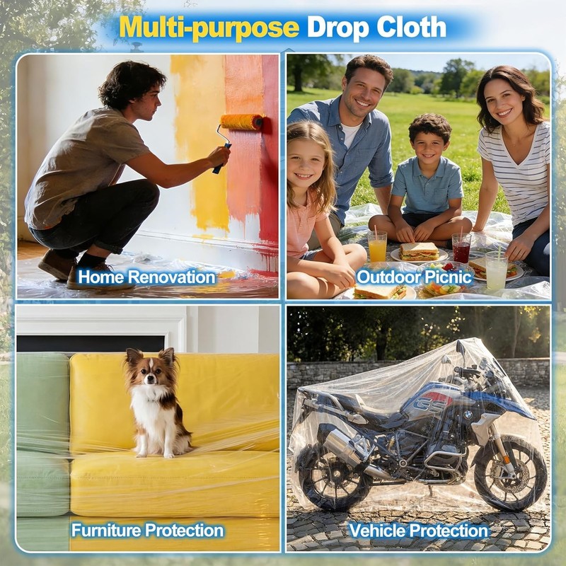 6 Pack Premium Plastic Drop Cloths for Painting 9x12ft, Waterproof & Dust-Proof gallery