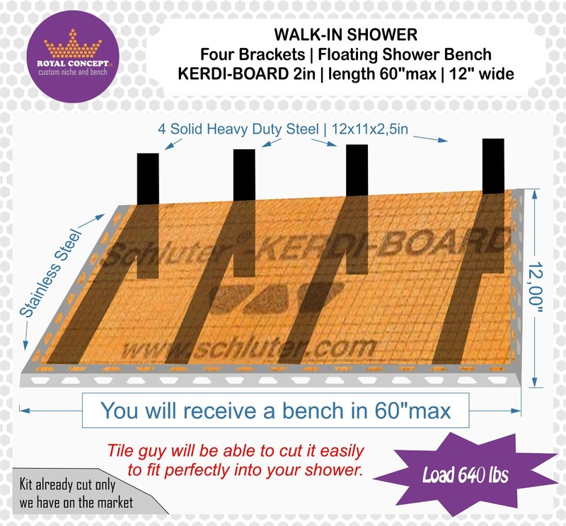 WALK-IN SHOWER 4 Brackets | Floating Shower Bench KERDI-BOARD 2in | Length 60in