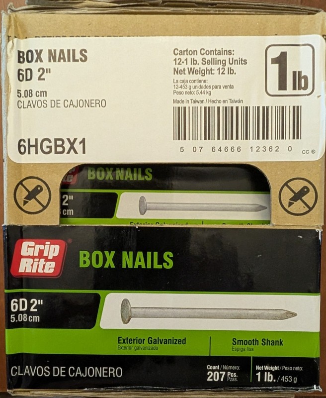 12 lbs Grip-Rite Nails 6D 2″ Exterior Galvanized Smooth Shank (12 – 1 lb boxes)