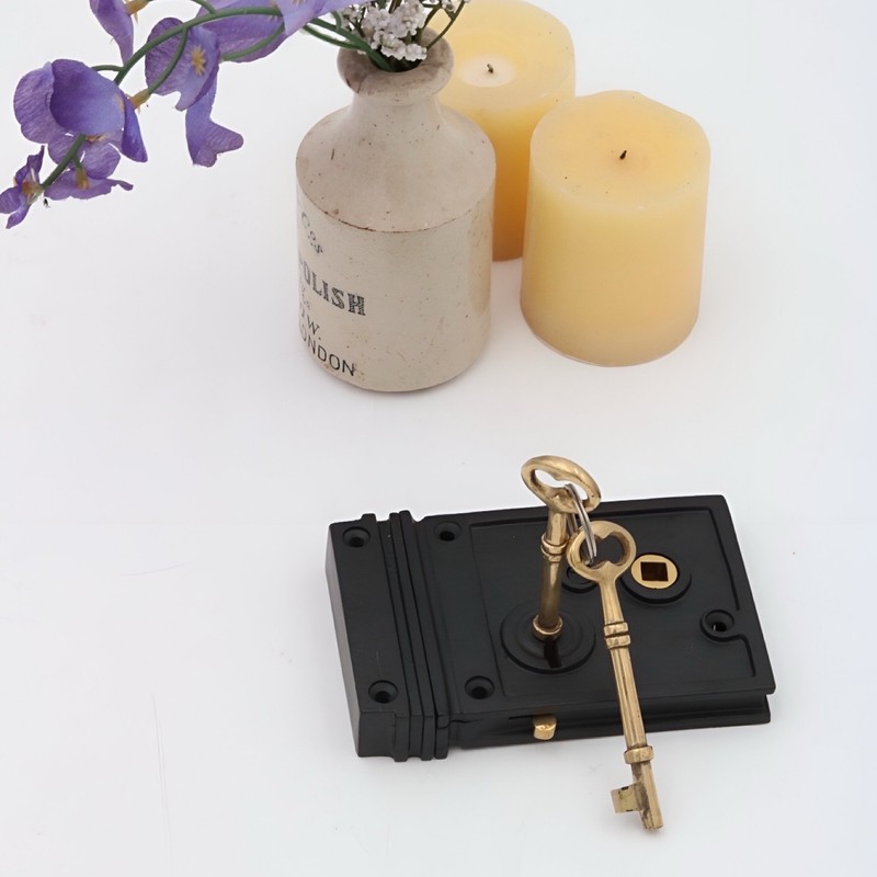 Cast Iron Rectangular Rim Lock with White Porcelain Knobs gallery