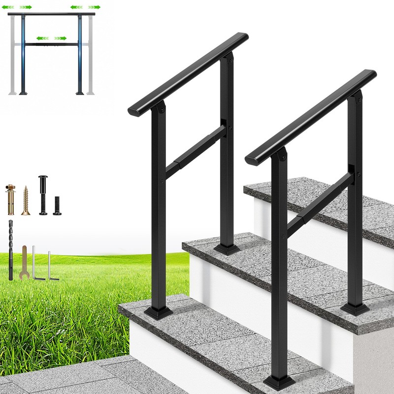 Outdoor Stair Handrail 2 Step Adjustable Railing Galvanized Steel Black 2 Pack