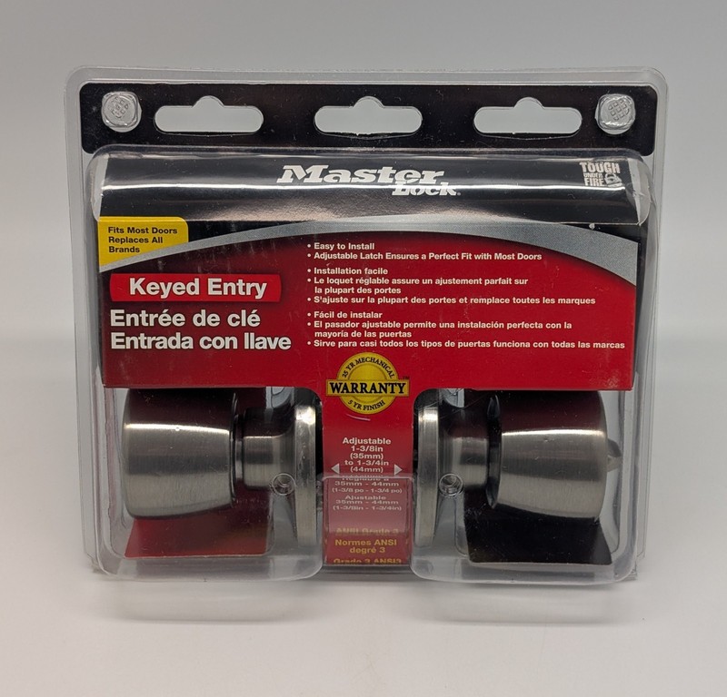 NEW Master Lock Keyed Entry Satin Nickel Adjustable* Door Knob Kit – NOS 2014