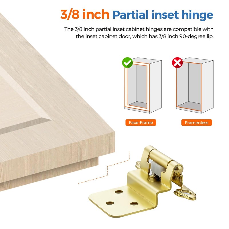 3/8 Inch Overlay Gold Cabinet Hinges 30 Pack 15 Pairs Semi-Concealed gallery