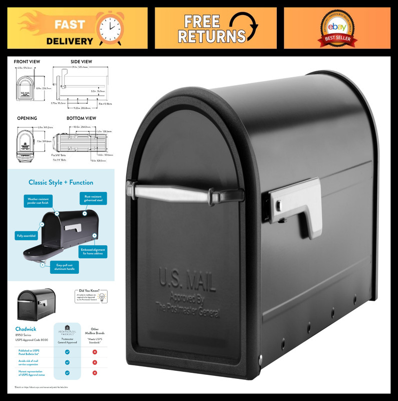 Galvanized Steel Post Mount Mailbox – Medium Capacity, Black, Durable Design