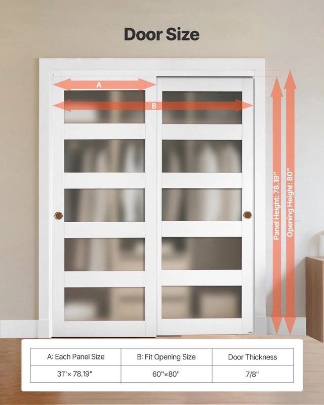 Sliding Closet Door, 60" (Double 31") x 80", 5-Lite Frosted Glass Bypass Slidin