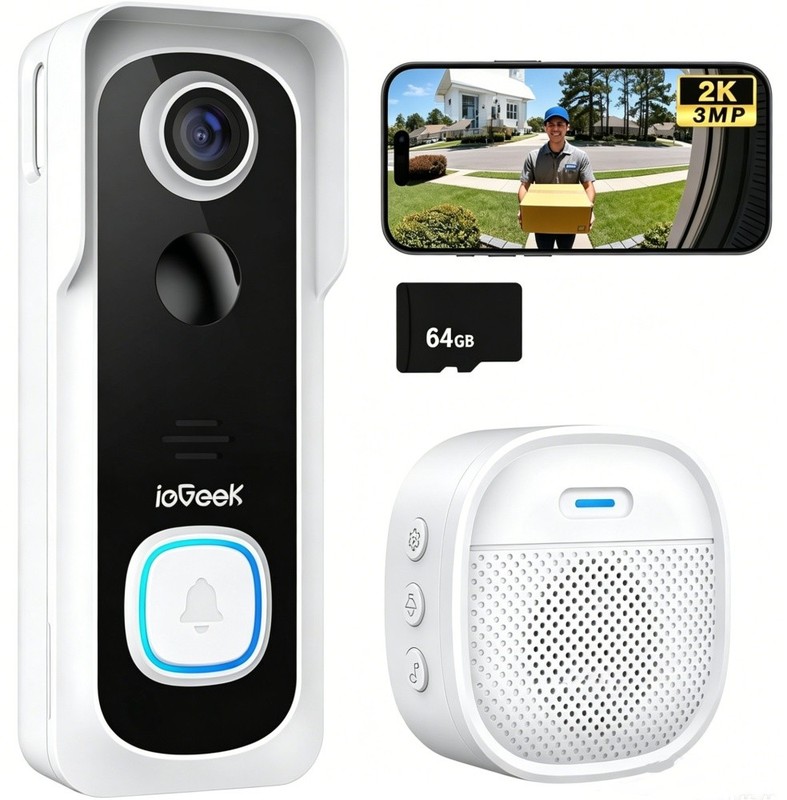 2K Video Doorbell with PIR Human Detection & Free Chime, 2-Way Audio 2.4GHz WiFi