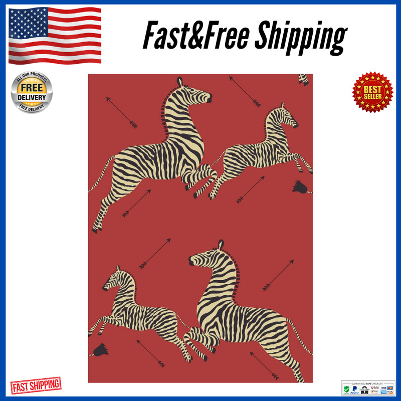 Masai Red Zebra Safari Self Adhesive Wallpaper, Peel and Stick, Removable, USA..