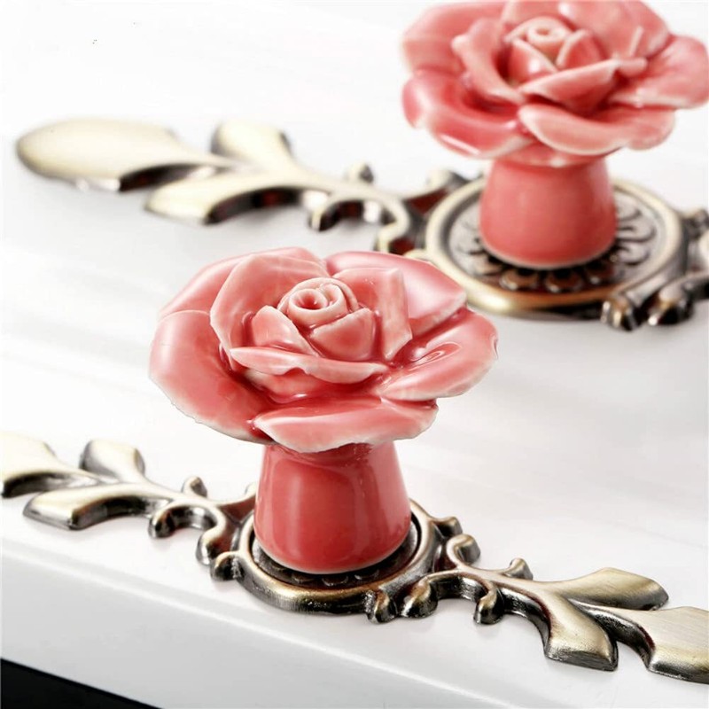 Ceramic Rose Flower Cabinet Knobs with Green Bronze Backplates Vintage Kitche... gallery