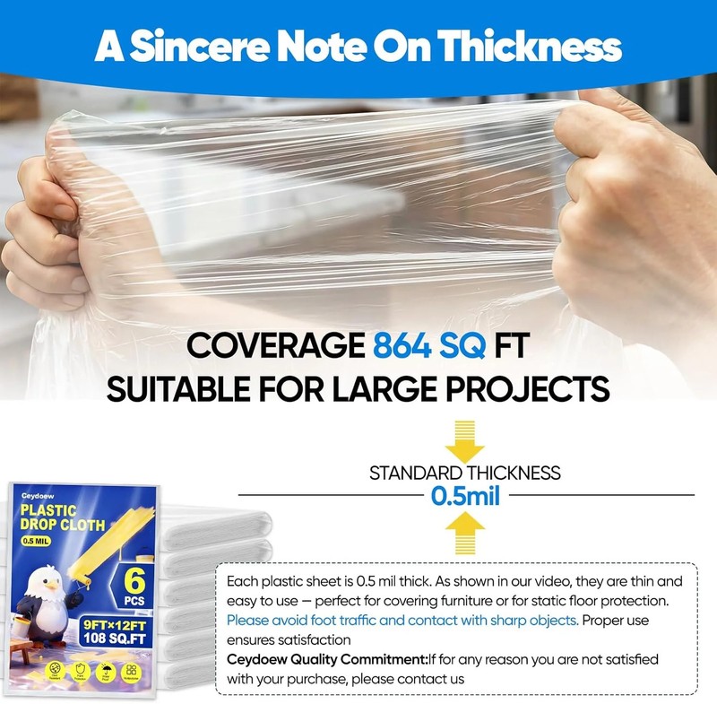 6 Pack Plastic Drop Cloths for Painting 9x12ft - Disposable Premium Plastic Tarp gallery