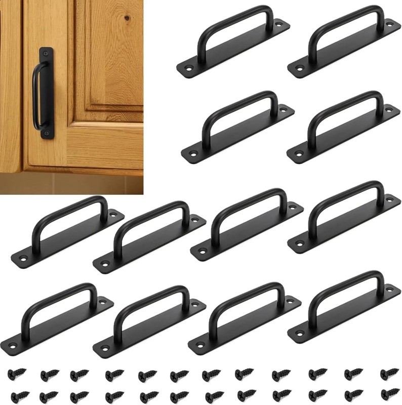 12 Pack Barn Door Handle, 5.8 Inch Matte Black Cabinet Pulls with Base Plate