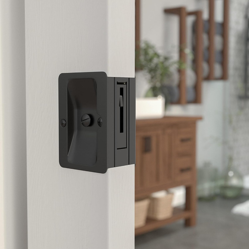 Hardware 1701FBPSBC Onward Rectangular Pocket Door Pull with Privacy Lock, 3-1/4 gallery