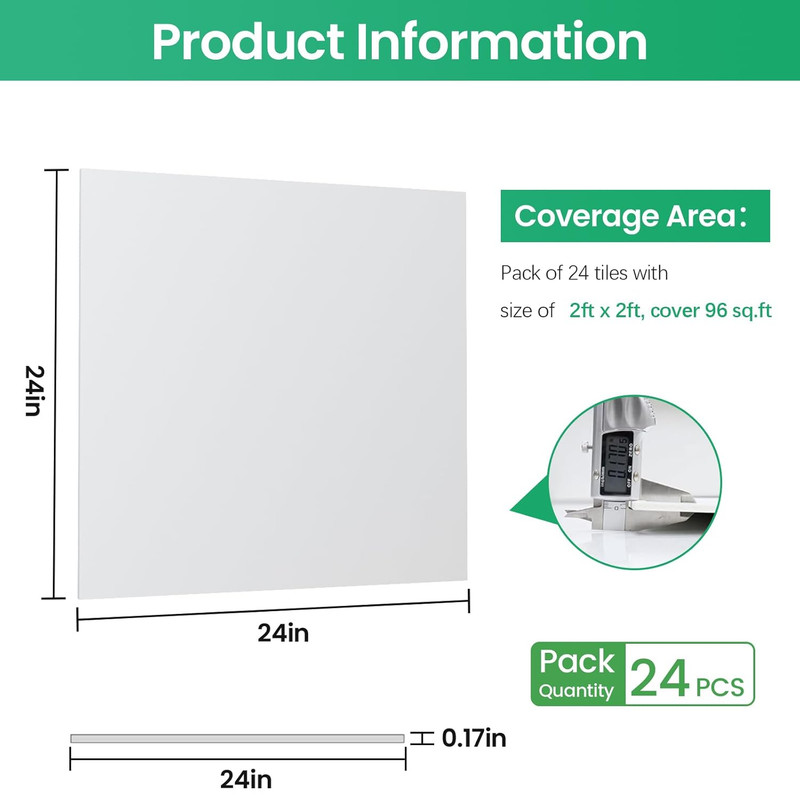 24 PCS 2x2 Ft Waterproof PVC Ceiling Tiles - Fire-Rated & Durable, White gallery