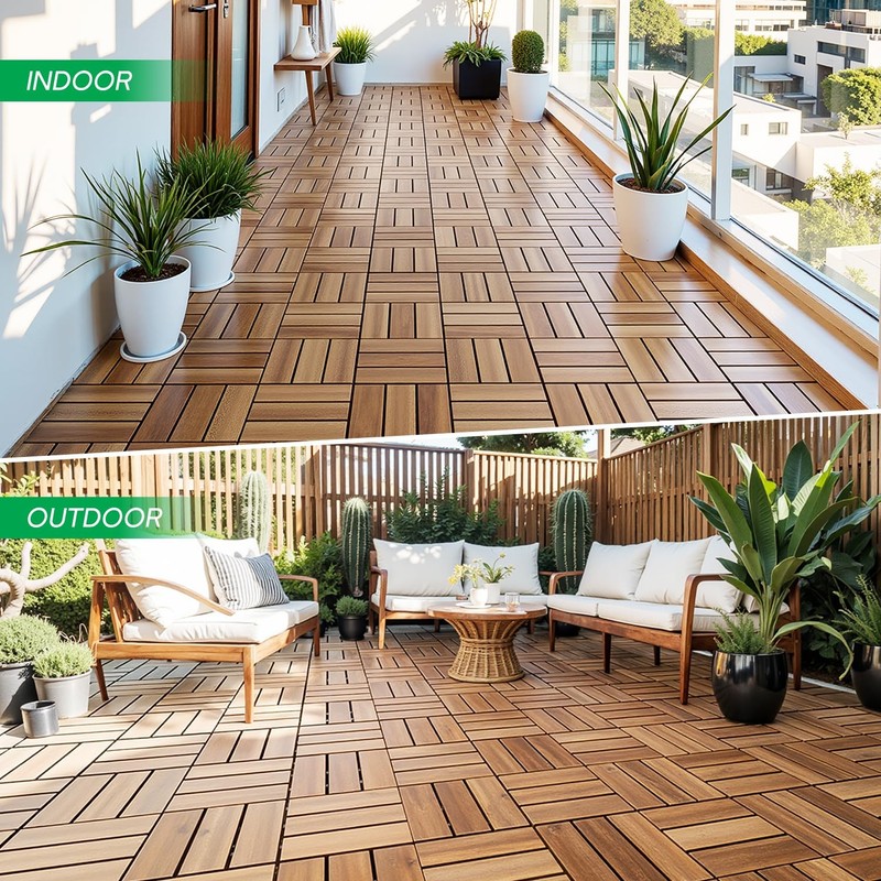 Waterproof Acacia Wood Interlocking Deck Tiles 9.6 SQFT for Indoor Outdoor Use gallery