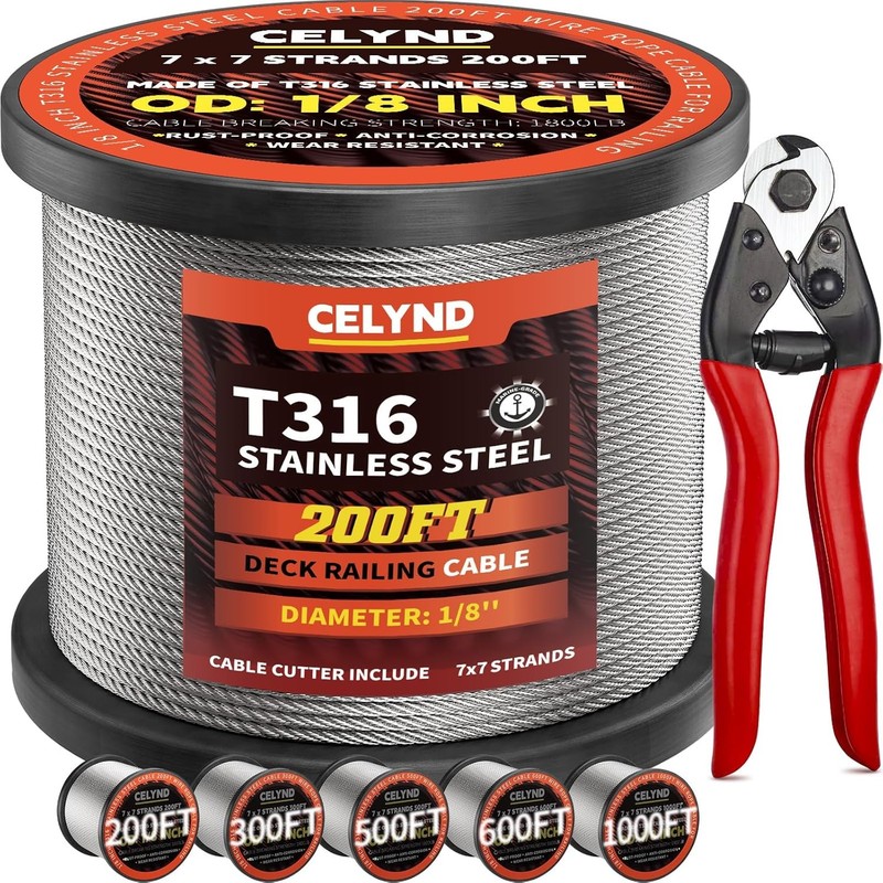 Stainless Steel Cable for Railing - 200FT 1/8" T316 Wire Rope 200FT, Silver 