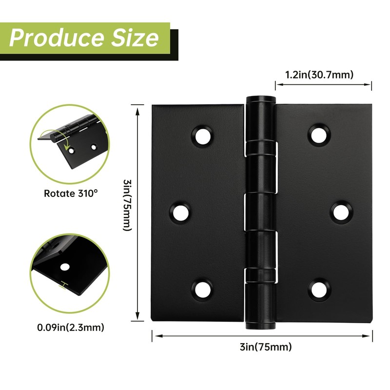 3 PCS Black Door Hinges 3x3 Inch Stainless Steel Ball Bearing Square Corner gallery
