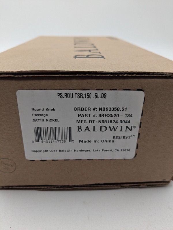 Baldwin Round Passage Door Knob with Square Rose PSROUTSR150 Satin Nickel