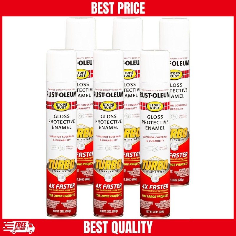 6 Pack RustOleum Stops Rust Turbo Spray Paint, 4X Faster, 24 oz, Gloss White NEW