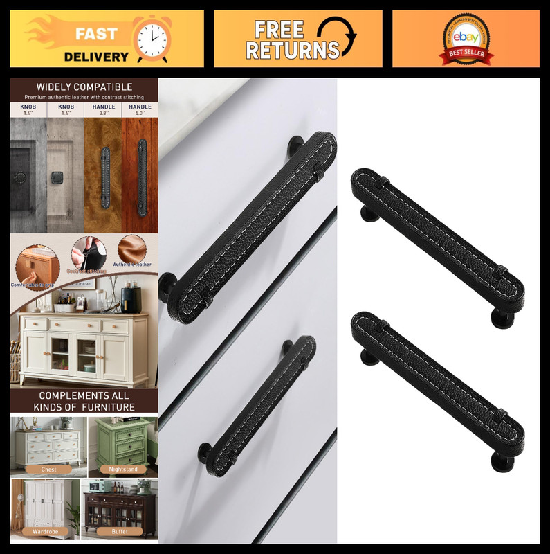 2 Pack 5” Hand-Stitched Black Leather Cabinet Handle Pulls for Drawers & Dresser