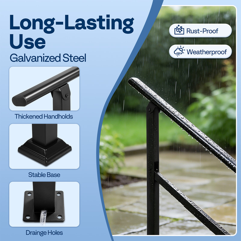 3 Step Handrail Outdoor Stair Railing Adjustable Galvanized Steel Black 2 Pack gallery