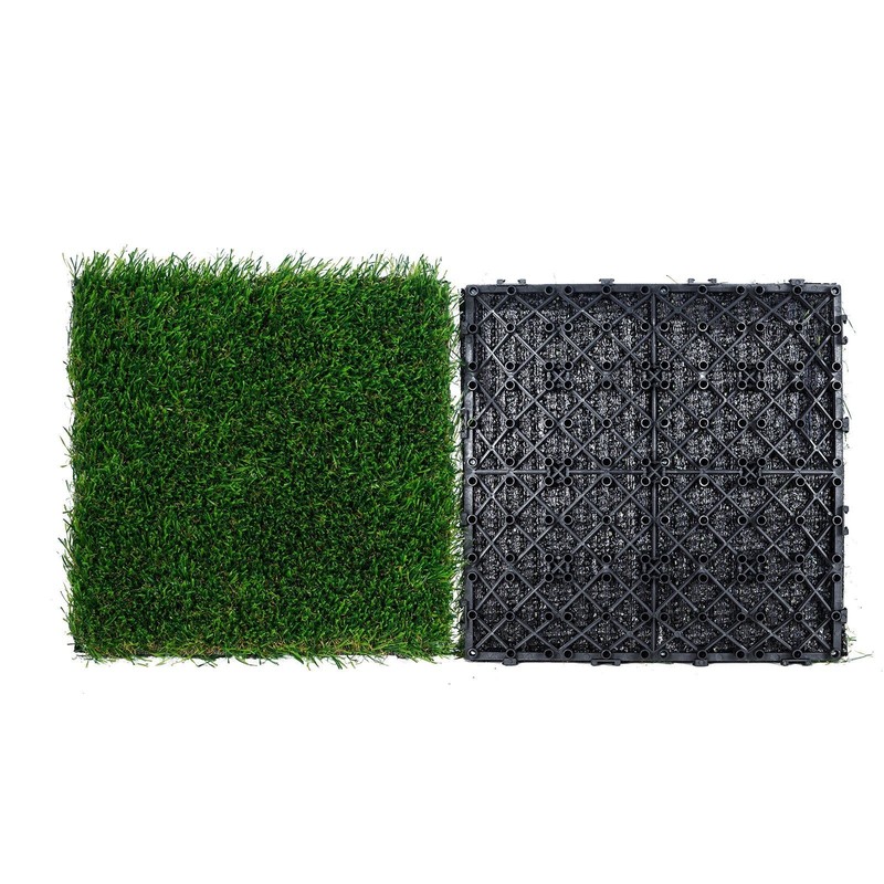 18pc 12x12in Interlocking Self-Draining Artificial Grass Tiles & Mat