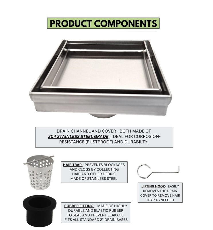 Tile Insert Square Shower Drain 5" 316 Stainless Steel for 2"/3" Pipe gallery