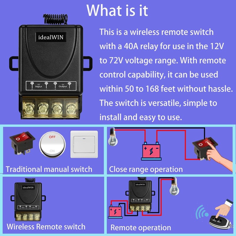 Wireless Remote Control Switch 30A, 328ft Range for DC Motors & Luminaire - 12V/ gallery