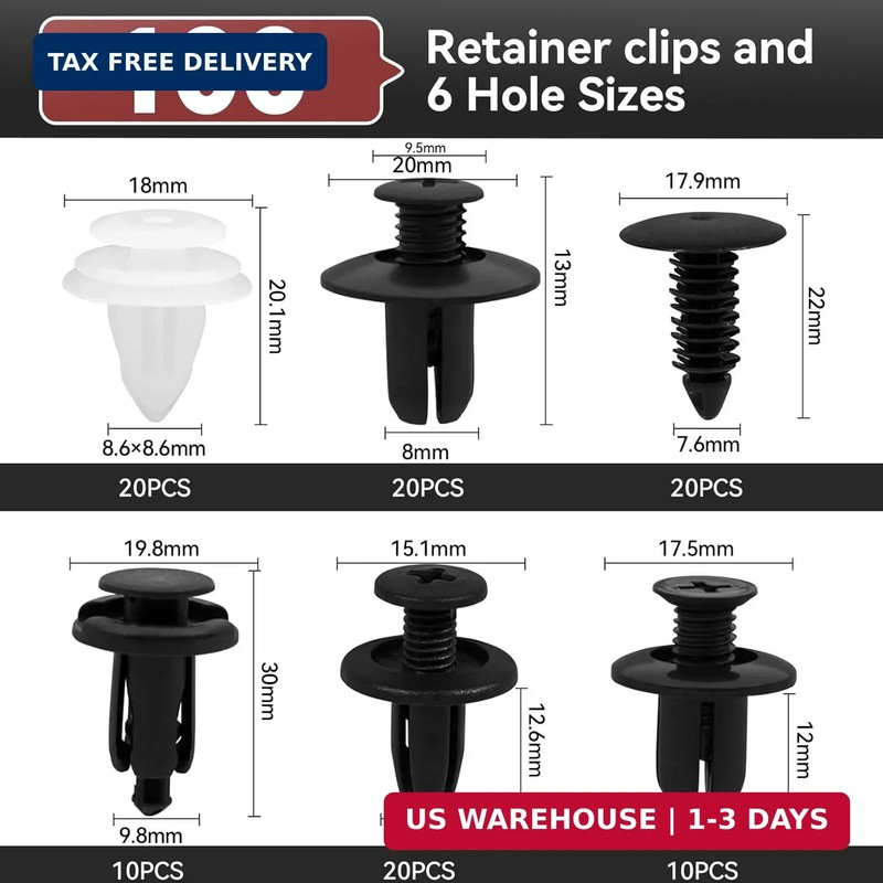 100Pcs Auto Body Panel Fasteners & Push Pin Rivets - 6 Sizes Bumper Fender Flare gallery