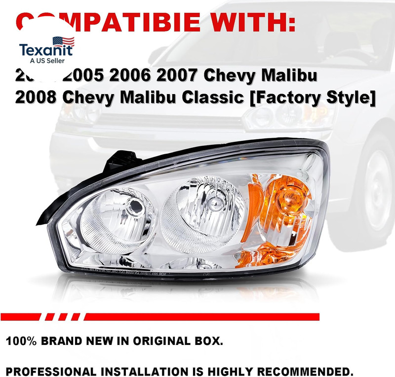 Headlight Assembly Chrome Amber Compatible with 2004 2005 2006 2007 Chevy Malibu gallery