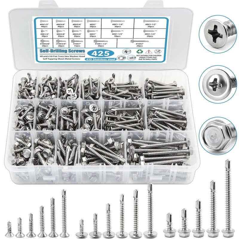 410 Stainless Steel Self Tapping Screws for Metal, #8-10 x 1/2″ to 2″, Silver