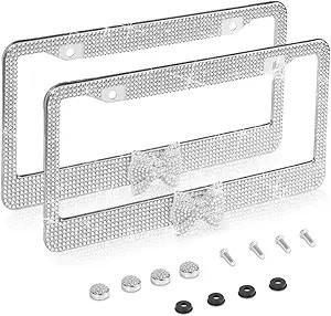 2 Pack License Plate Frame, Handcrafted Rhinestone Pr Color: Silver&Silver-bow