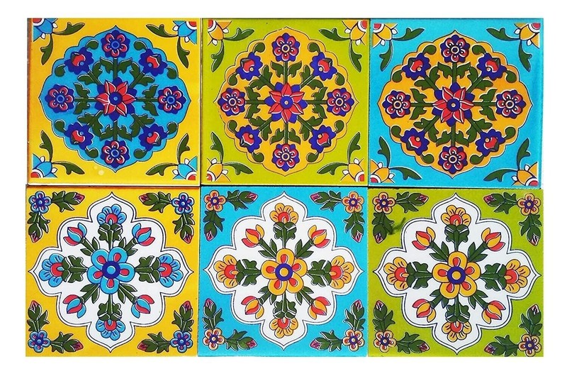 Traditional Patterned Multi Colored Decorative 4 x 4” Ceramic Tiles Pack of 6