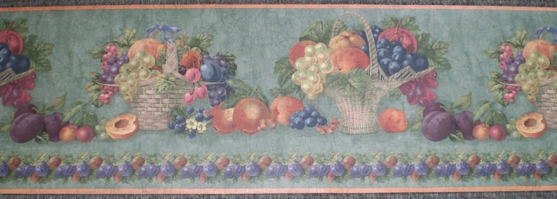 Baskets of Multi-Color Fruits & Berries on Blue/Green Border by Brewster B.6043