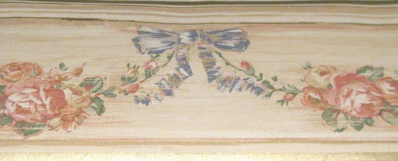 Wallpaper Border Blue Ribbon Pink Roses Swag Gold Beige Distressed 5″ AR20272B