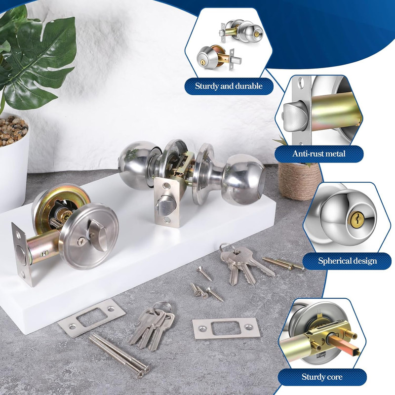 2 Sets Entry Door Knob Entry Dead Bolt Level Door Locks Combo Set Round Ball Sat gallery